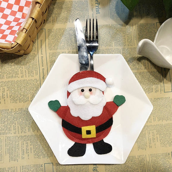 Santa Hat Reindeer Christmas New Year Pocket Fork Knife Cutlery Holder Bag Home Party Table Dinner Decoration