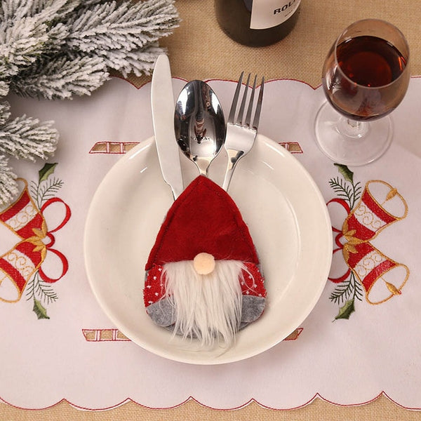 Santa Hat Reindeer Christmas New Year Pocket Fork Knife Cutlery Holder Bag Home Party Table Dinner Decoration