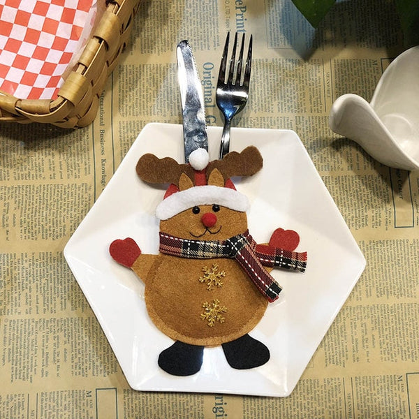 Santa Hat Reindeer Christmas New Year Pocket Fork Knife Cutlery Holder Bag Home Party Table Dinner Decoration