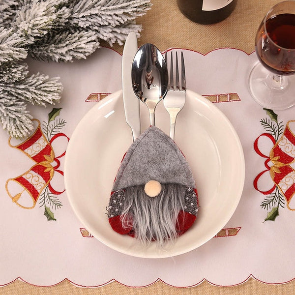 Santa Hat Reindeer Christmas New Year Pocket Fork Knife Cutlery Holder Bag Home Party Table Dinner Decoration