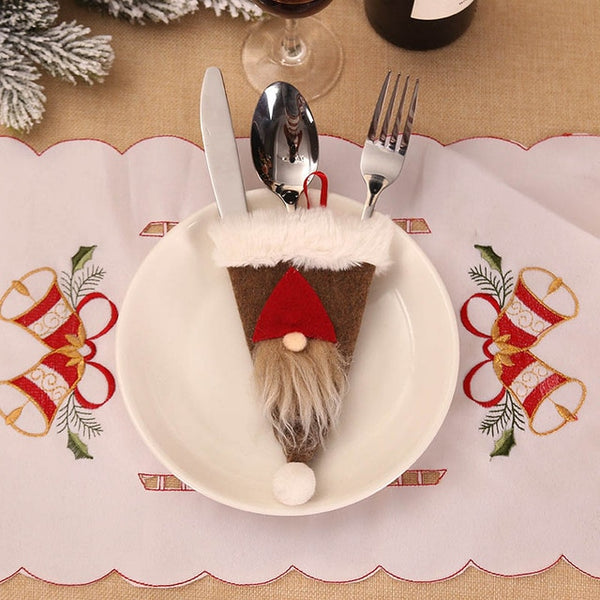 Santa Hat Reindeer Christmas New Year Pocket Fork Knife Cutlery Holder Bag Home Party Table Dinner Decoration