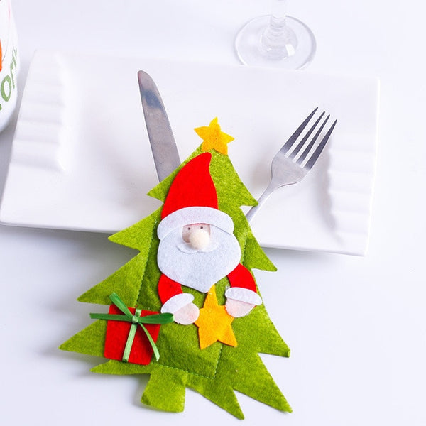 Santa Hat Reindeer Christmas New Year Pocket Fork Knife Cutlery Holder Bag Home Party Table Dinner Decoration