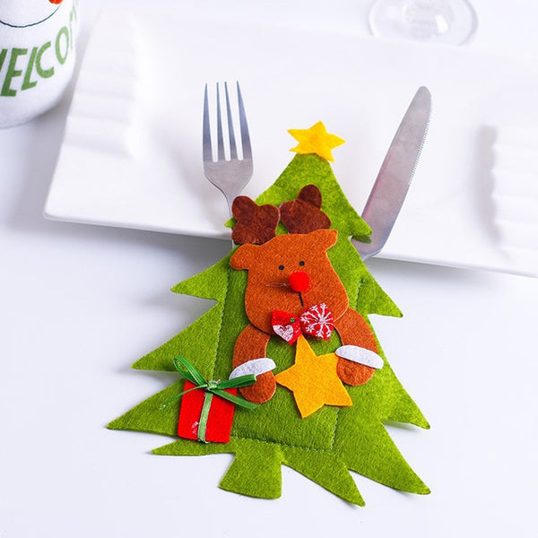 Santa Hat Reindeer Christmas New Year Pocket Fork Knife Cutlery Holder Bag Home Party Table Dinner Decoration