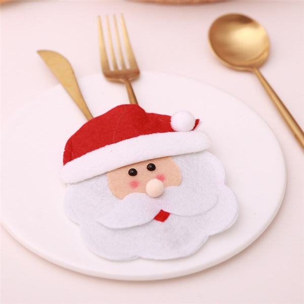 Santa Hat Reindeer Christmas New Year Pocket Fork Knife Cutlery Holder Bag Home Party Table Dinner Decoration