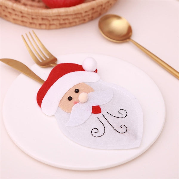 Santa Hat Reindeer Christmas New Year Pocket Fork Knife Cutlery Holder Bag Home Party Table Dinner Decoration