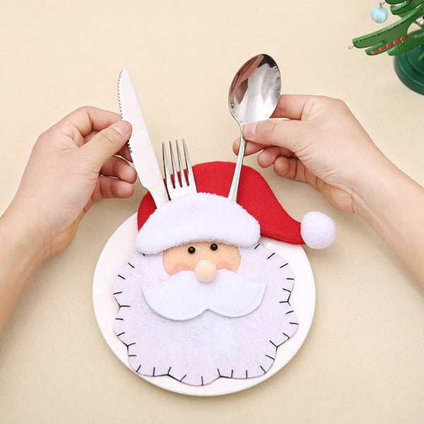 Santa Hat Reindeer Christmas New Year Pocket Fork Knife Cutlery Holder Bag Home Party Table Dinner Decoration