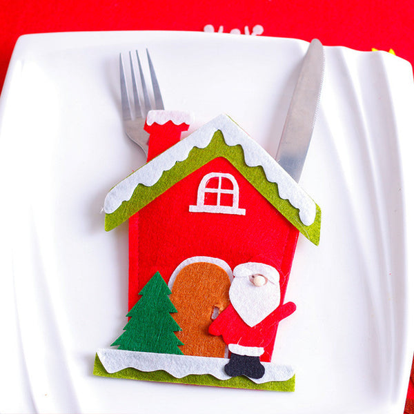 Santa Hat Reindeer Christmas New Year Pocket Fork Knife Cutlery Holder Bag Home Party Table Dinner Decoration