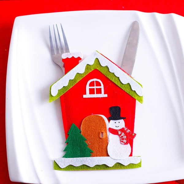 Santa Hat Reindeer Christmas New Year Pocket Fork Knife Cutlery Holder Bag Home Party Table Dinner Decoration