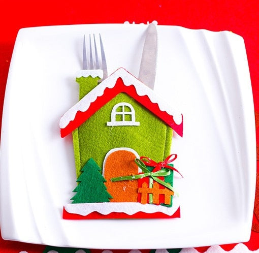 Santa Hat Reindeer Christmas New Year Pocket Fork Knife Cutlery Holder Bag Home Party Table Dinner Decoration