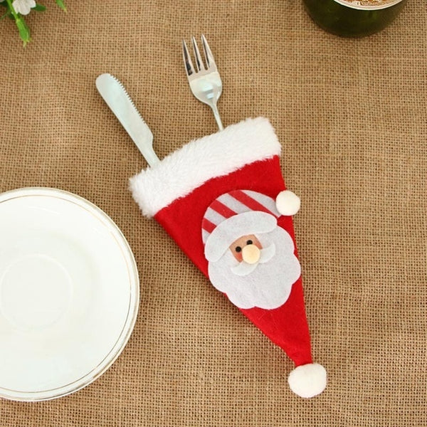 Santa Hat Reindeer Christmas New Year Pocket Fork Knife Cutlery Holder Bag Home Party Table Dinner Decoration