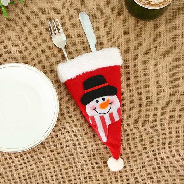 Santa Hat Reindeer Christmas New Year Pocket Fork Knife Cutlery Holder Bag Home Party Table Dinner Decoration