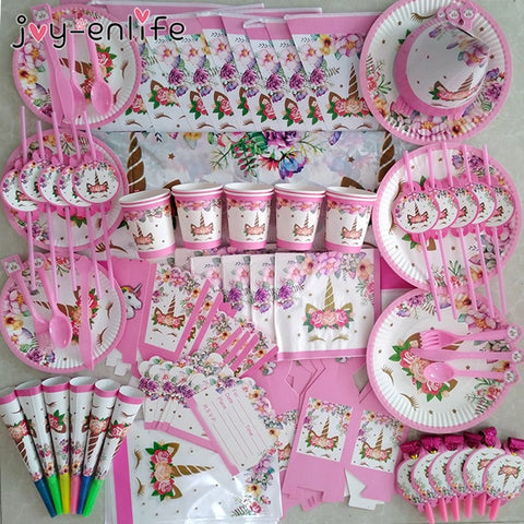 Unicorn Party Supplies Pink Rainbow Unicorn Banner Plates Balloons Napkin Cupcake Wrapper Baby Shower Kids Birthday Decorations