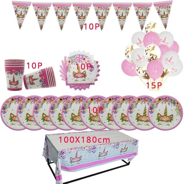 Unicorn Party Supplies Pink Rainbow Unicorn Banner Plates Balloons Napkin Cupcake Wrapper Baby Shower Kids Birthday Decorations